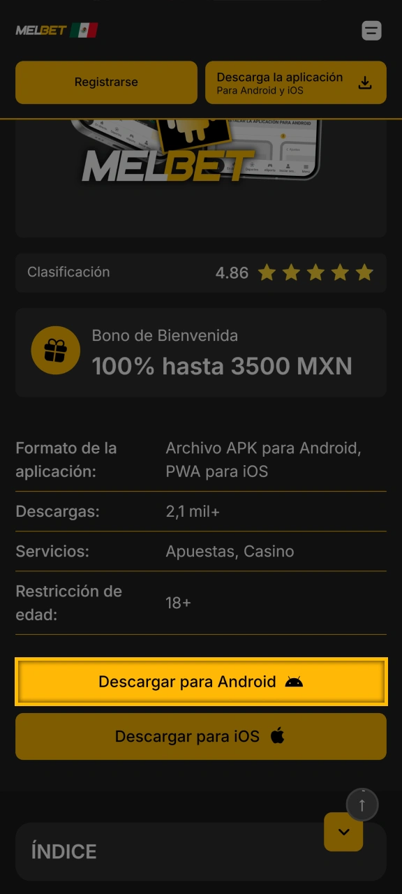 Haga clic en el botón descargar para obtener el archivo de instalación seguro de Melbet.