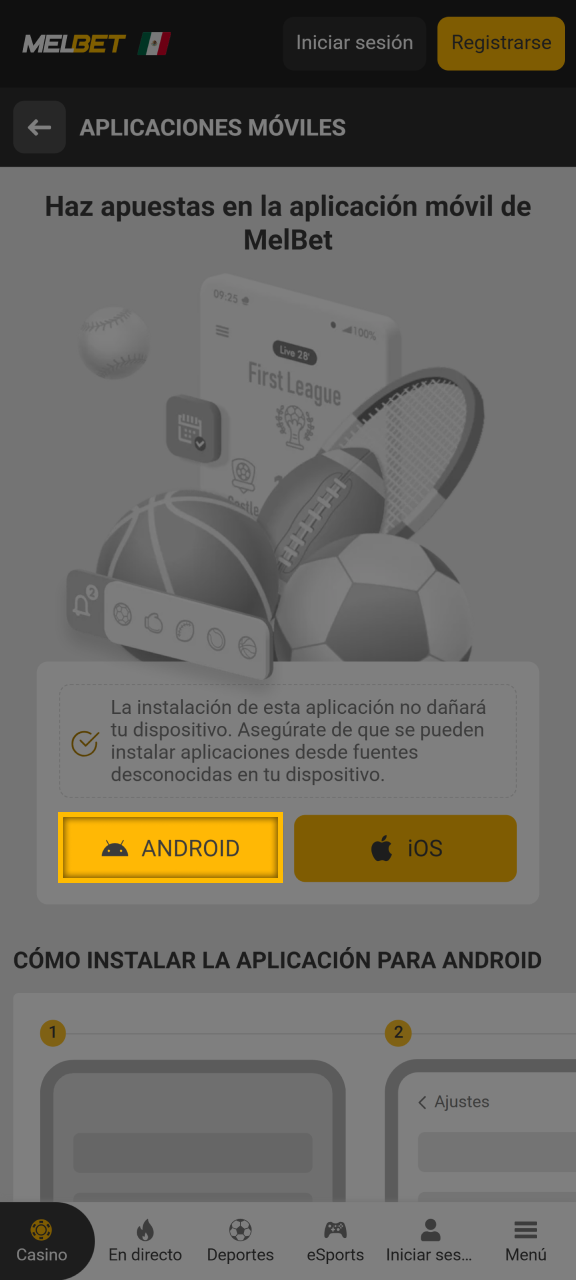 Para Android, visite el sitio web oficial y descargue la última versión del APK e instálela sobre la versión existente de su aplicación Melbet.