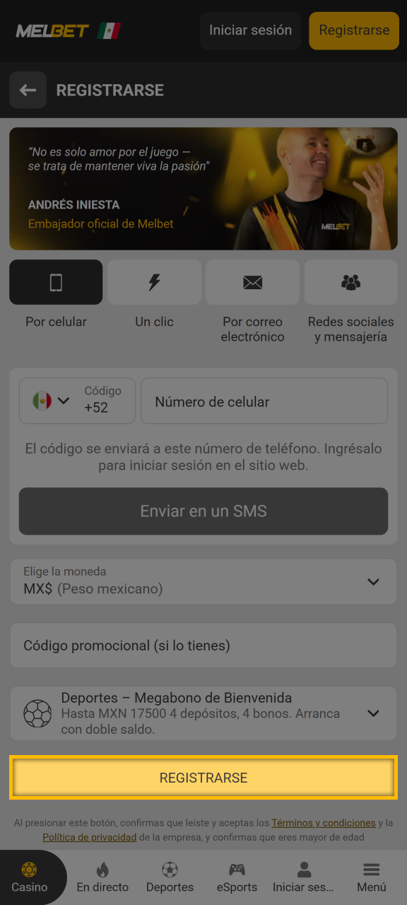 Confirme su registro en Melbet haciendo clic en el botón.