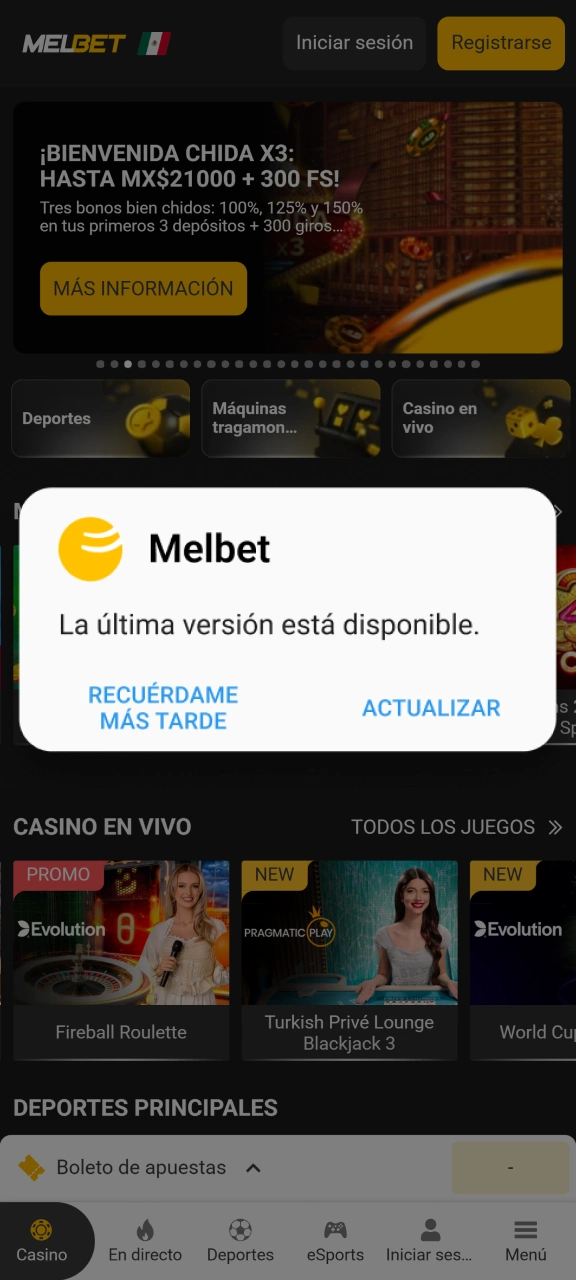 Reciba una notificación sobre las actualizaciones de la aplicación Melbet.