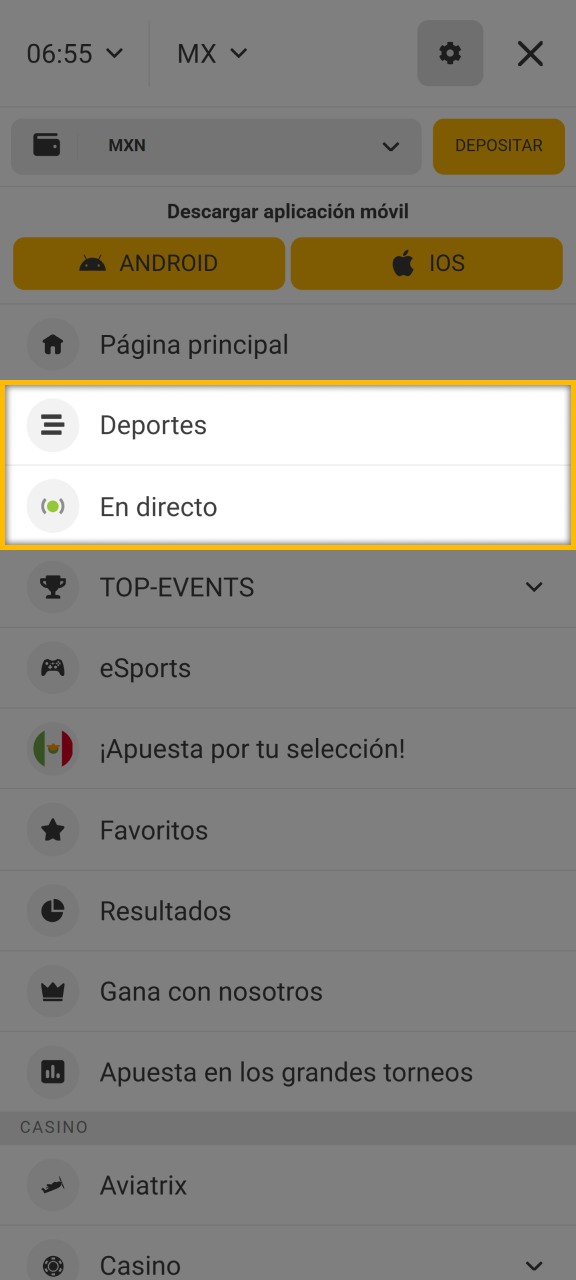 Seleccione la sección deportes o en vivo en Melbet.
