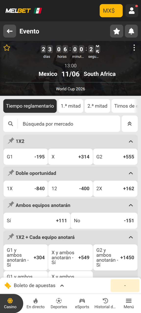 Toque las probabilidades del resultado que prefiera para agregar la selección a su boleta de apuestas digital de Melbet.