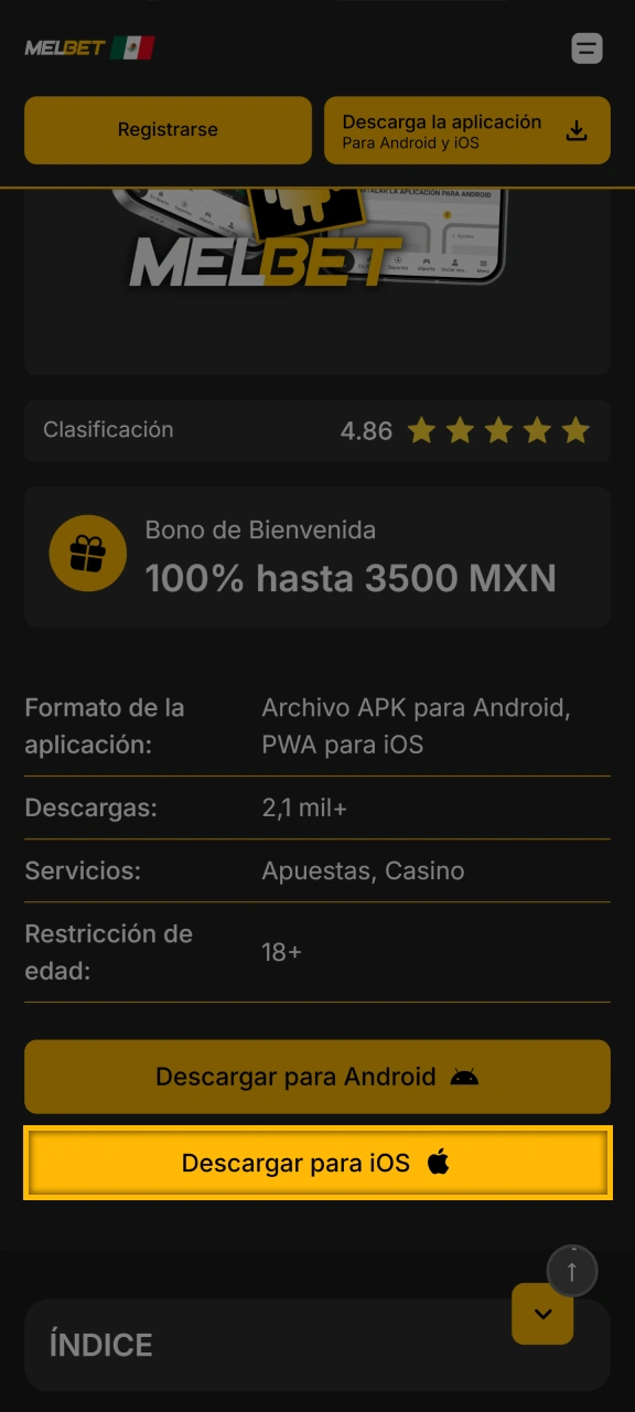 Haga clic en el botón Descargar para iOS para obtener la aplicación Melbet.