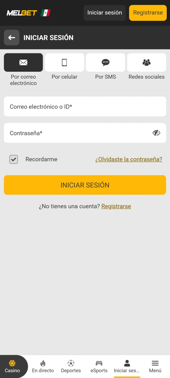 Inicie sesión en su cuenta de Melbet con sus credenciales.