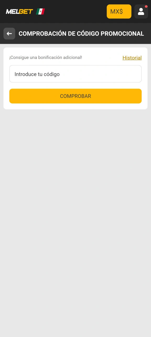 Agregue un código promocional al campo especial en la plataforma Melbet.