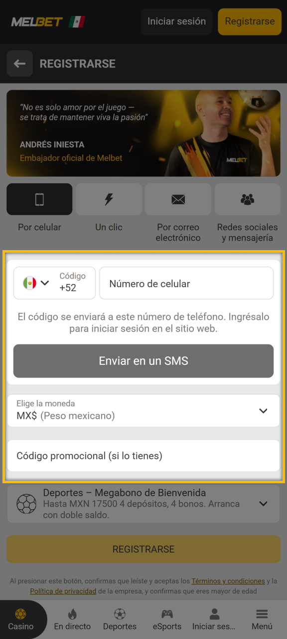 Agregue su información al formulario de registro en Melbet.