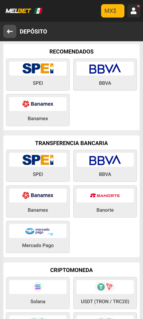 Recargue su cuenta Melbet para jugar y apostar.