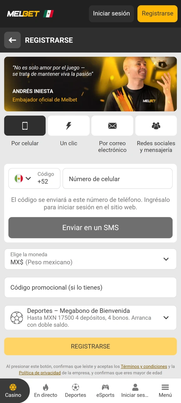 Inicie el proceso de registro en la plataforma Melbet.