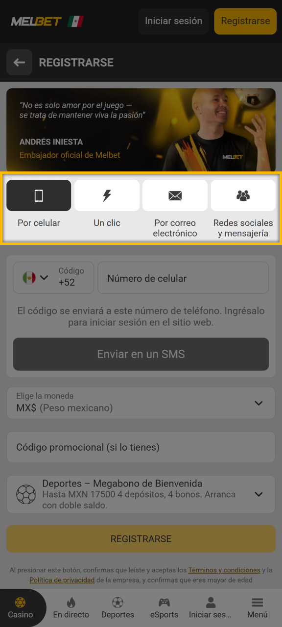 Seleccione un método de registro en la página de registro de Melbet.